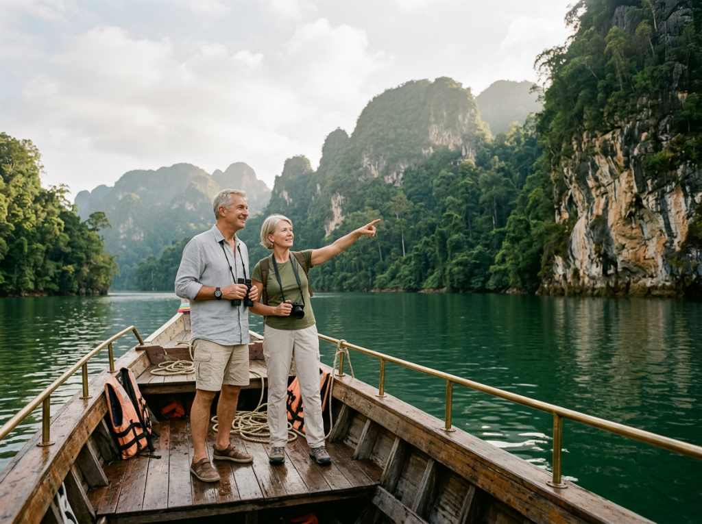 Active European expatriate couple enjoying a private boat tour through pristine Malaysian limestone karsts and emerald rivers, showcasing the exotic outdoor lifestyle.