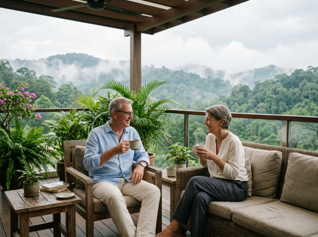European expatriate couple relaxing on a luxury balcony overlooking lush tropical hills in Malaysia, representing a premium lifestyle and secure retirement.
