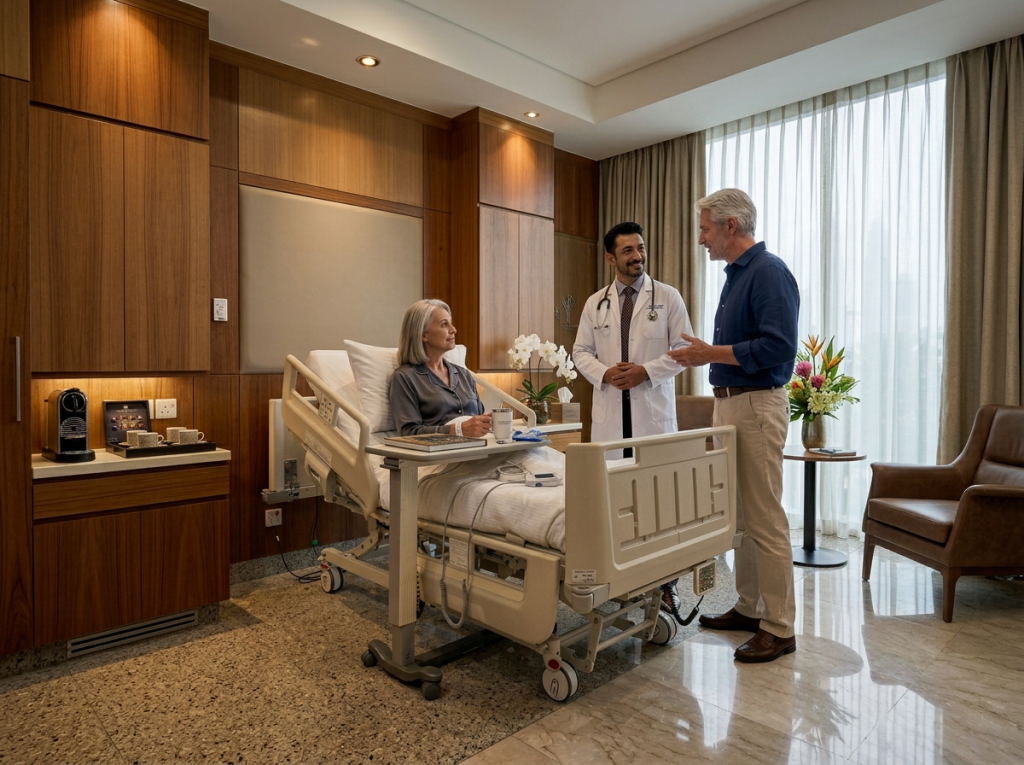 European expatriates speaking with a doctor in a luxurious, world-class private hospital lobby in Malaysia, representing affordable, elite healthcare with zero waiting times.