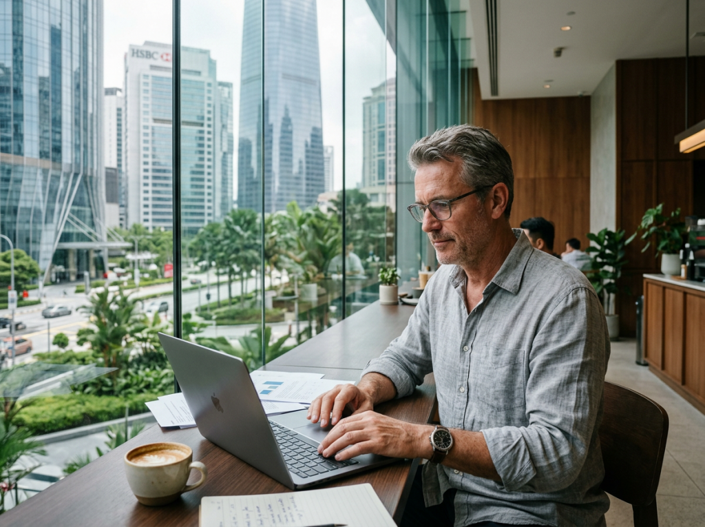 European executive working on a laptop in a premium Kuala Lumpur business lounge overlooking modern skyscrapers, representing Malaysia's reliable banking infrastructure and geopolitical stability.